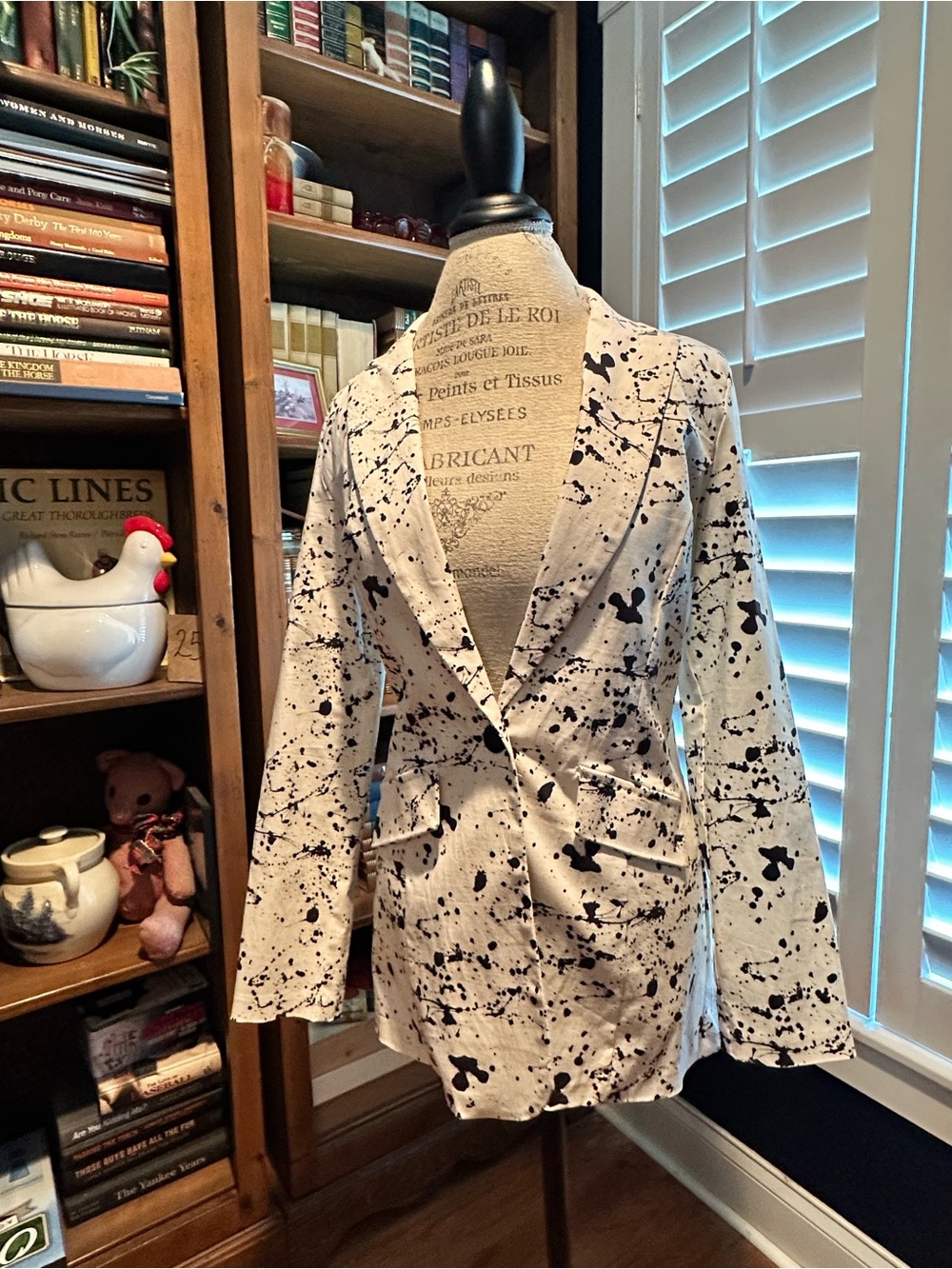 Women's Cream Blazer with Black Ink-Splash Print